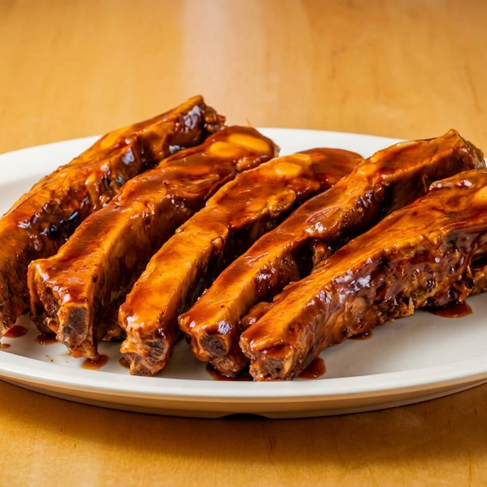 Plate of glossy barbecue-glazed pork ribs arranged on a white platter atop a wooden table.
