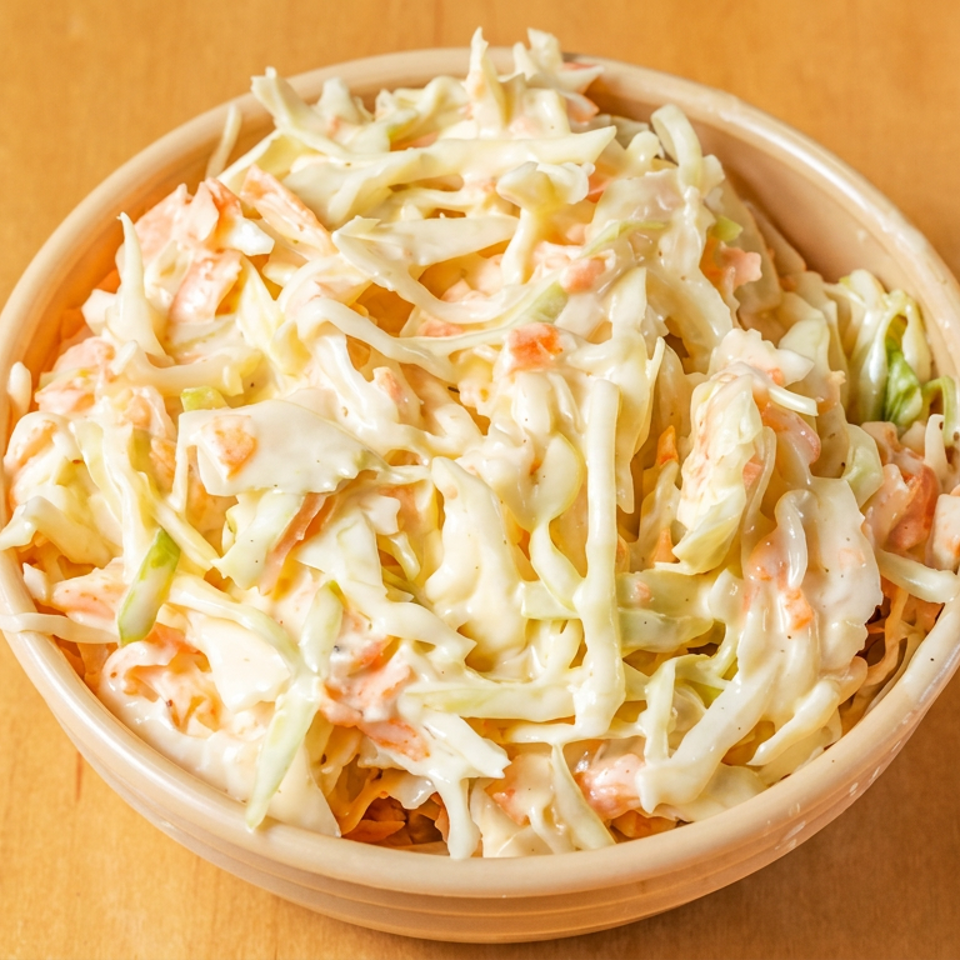 Creamy coleslaw with shredded cabbage and carrots served in a bowl on a wooden table.