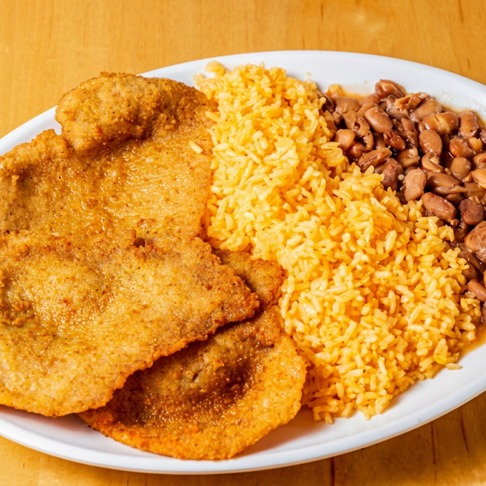 Plate of breaded fried cutlets served with yellow rice and pinto beans on a wooden table.
