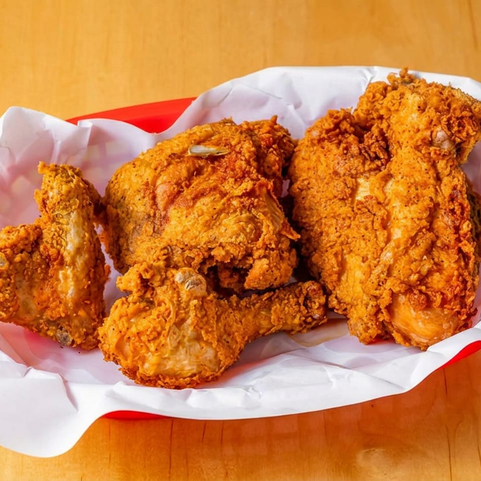 Basket of golden-brown crispy fried chicken pieces lined with white paper on a wooden table.