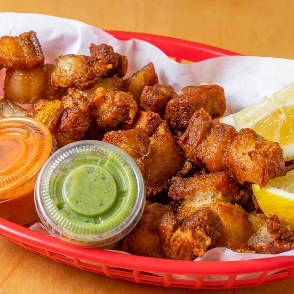 Red basket filled with assorted golden fried seafood, lemon wedges, and cups of orange and green dipping sauces.