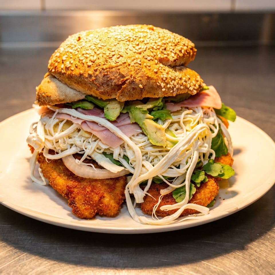 Oversized sesame-seed sandwich piled with fried chicken, noodles, avocado, lettuce, and sprouts on a white plate.