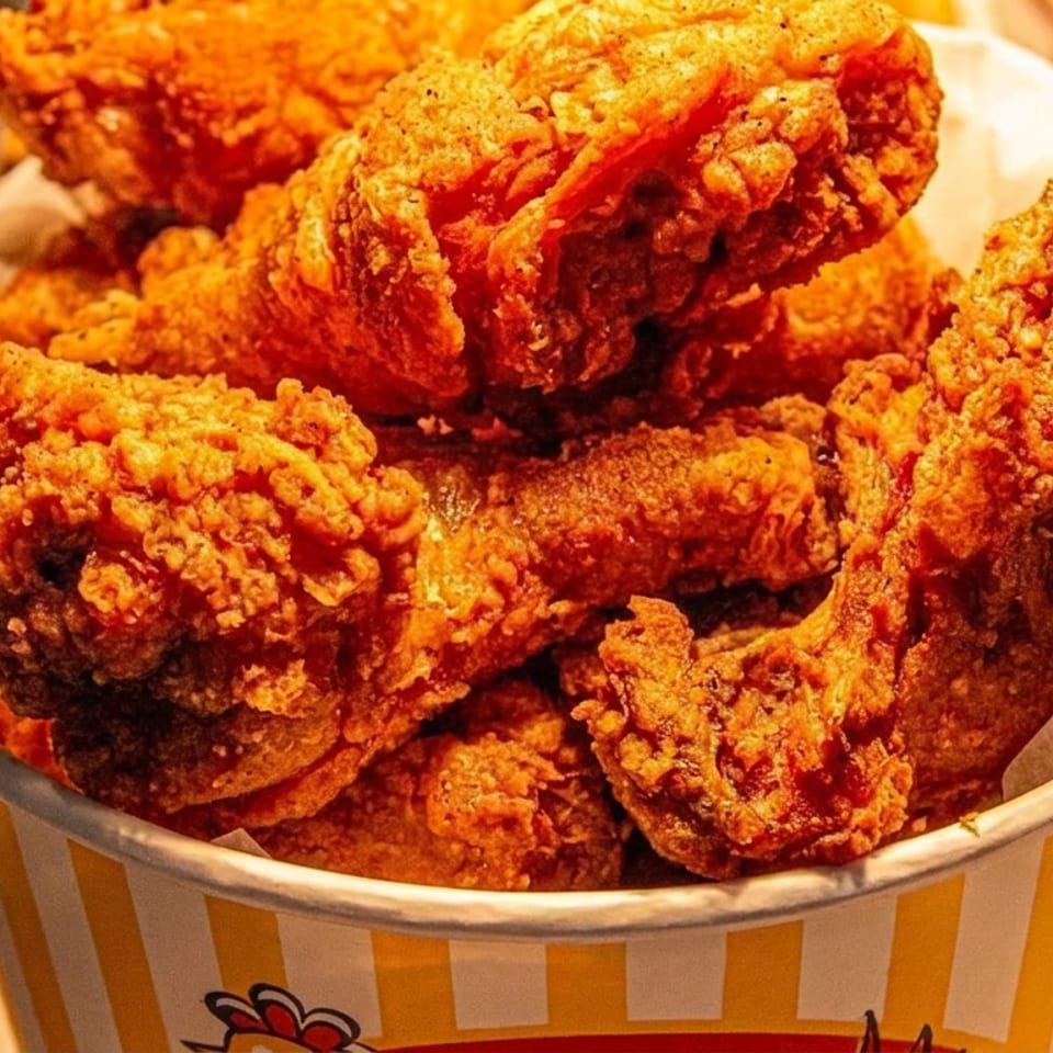 Basket of golden fried chicken pieces on a striped paper-lined serving container.