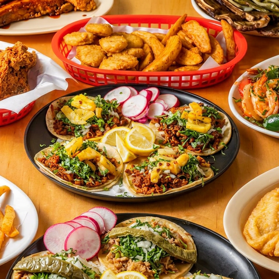 Assortment of Mexican dishes including tacos, fried chicken, fries, burritos, seafood, rice, vegetables, and lemon wedges on a table.