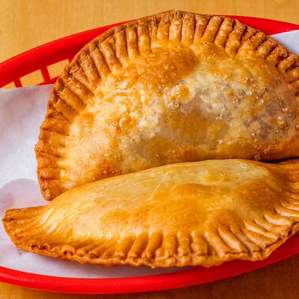 Two golden-brown, crimped empanadas served in a red plastic basket lined with white paper on a wooden table.