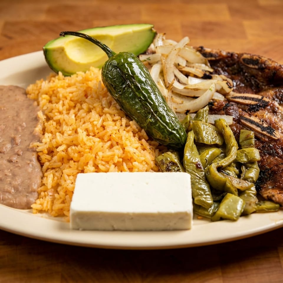 Mexican-style platter with grilled steak, rice, refried beans, roasted peppers, onions, avocado, and white cheese.