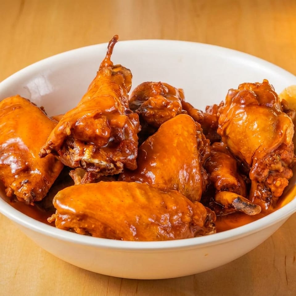 Bowl of crispy chicken wings coated in glossy orange-red sauce on a wooden table.