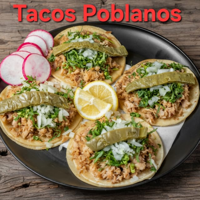 4 Tacos Poblanos (Pork with Cactus on Top).